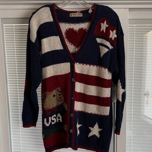 Vintage Marsh Landing Patriotic Bear USA Cardigan Sweater - Red, White, Blue